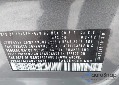 2013 Volkswagen Jetta 2.5L Se from USA, damaged, VIN 3VWDP7AJ9DM219875